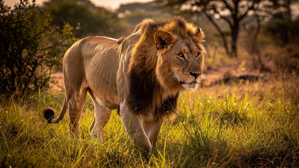 Asiatic lion walking through tall grass at Gir National Park