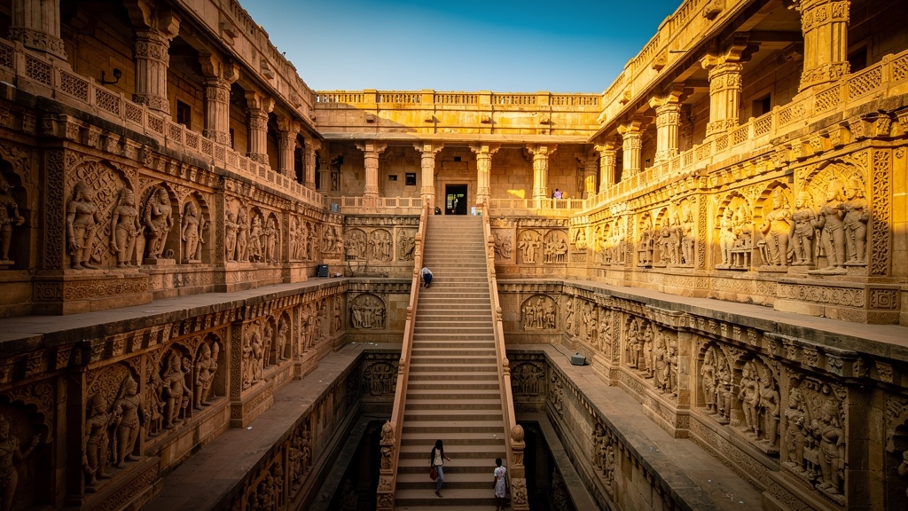 Hand-carved sandstone pillars inside Rani ki Vav stepwell
